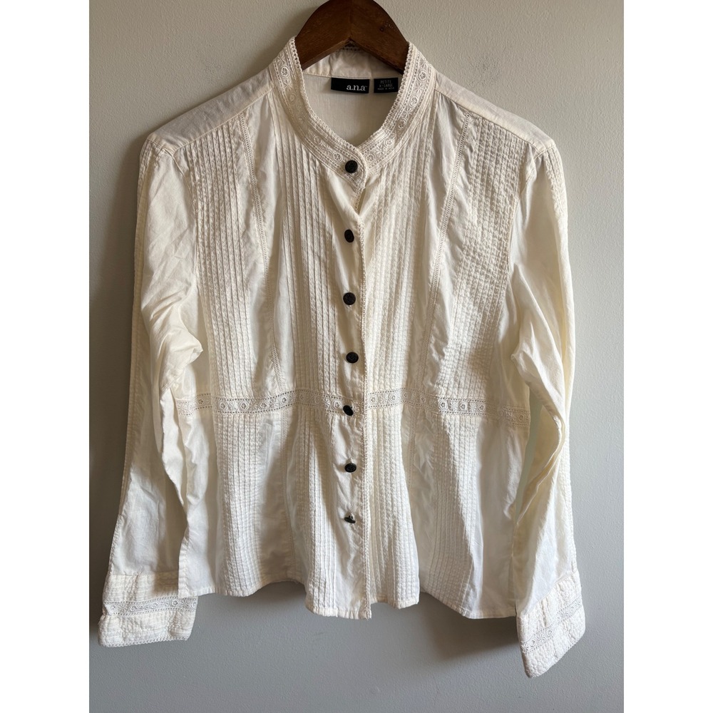 a.n.a White Pintuck Lace Button Down Blouse Petite XL Long Sleeve Tie Back Top